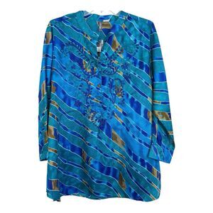 Anu Tunic Top Embroidered Art To Wear Sz Medium Blue Sheer Rayon Long Sleeve